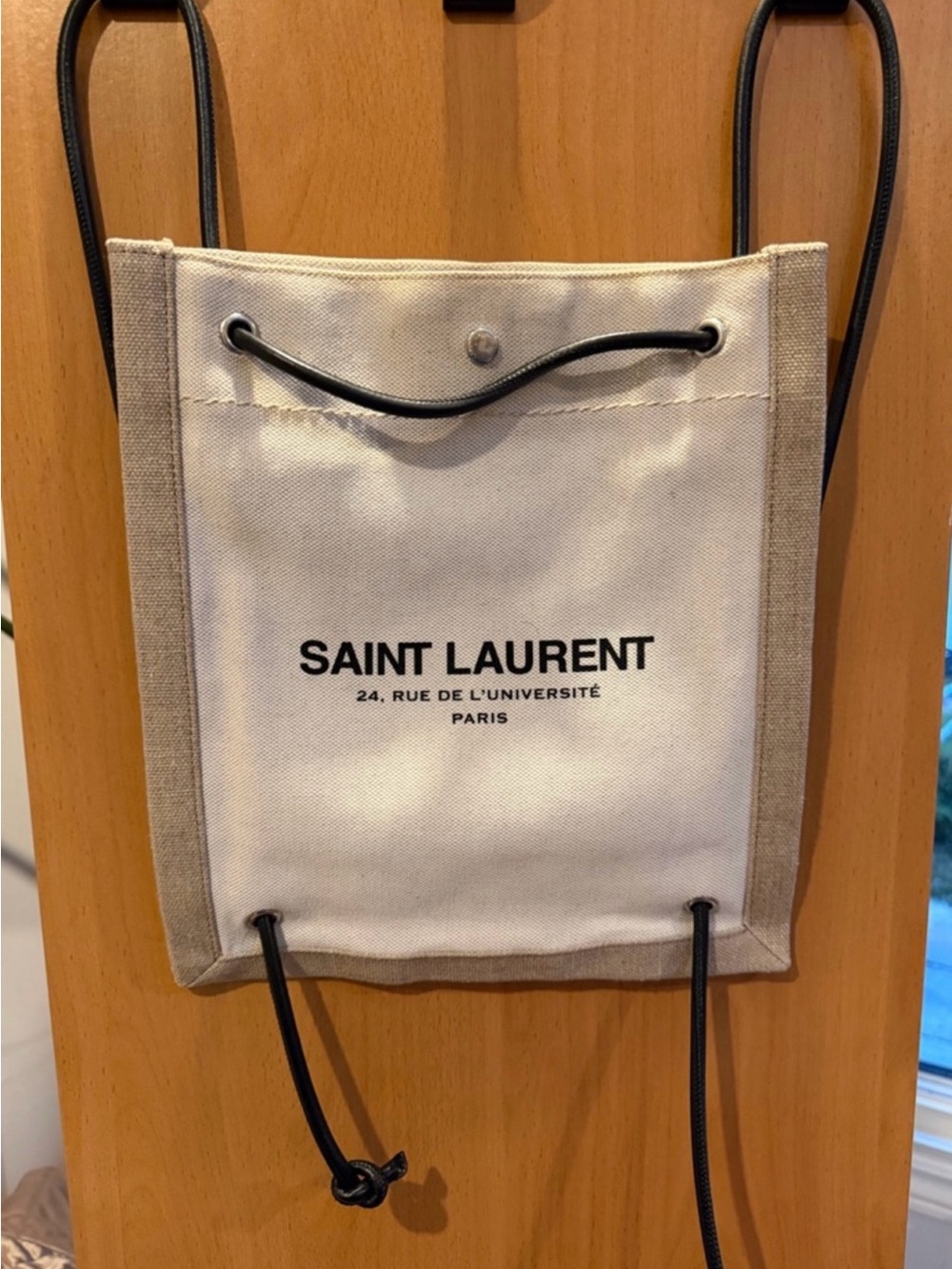 Saint Laurent Cream and Black Canvas Drawstring Crossbody Bag
